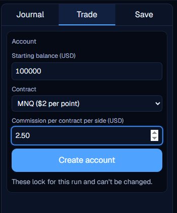 The Account card with a balance of 100000, the contract MNQ at 2 dollars a point and a commission of 2.50.