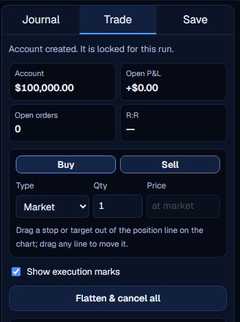The Trade tab after the account was created, with the figures at the top and the ticket below.