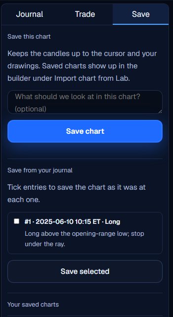 The Save tab with the Save this chart box and a list of journal entries to tick.