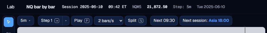 The control bar of the replay with the Timeframe, Step, Play, speed, Split, Next 09:30 and Next session buttons.