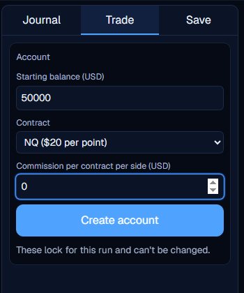 The Trade tab Account card with a starting balance of 50000, the contract NQ at 20 dollars a point, and a commission of 0.