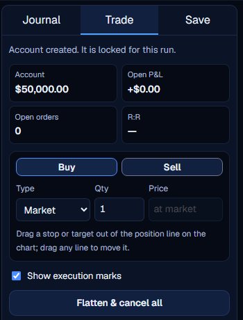 The Trade tab after the account is created: four figures and the Buy and Sell buttons.