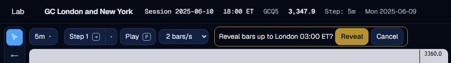 The confirm bar reading Reveal bars up to London 03:00 ET with Reveal and Cancel buttons.