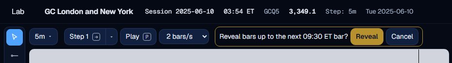 The confirm bar reading Reveal bars up to the next 09:30 ET bar, at the 03:54 ET London position.