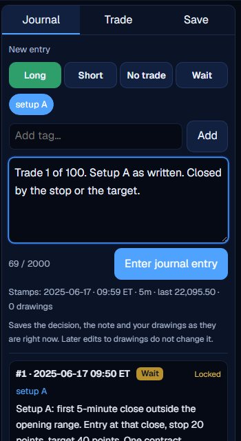 The Journal tab with Long selected, the tag setup A and a note reading Trade 1 of 100.