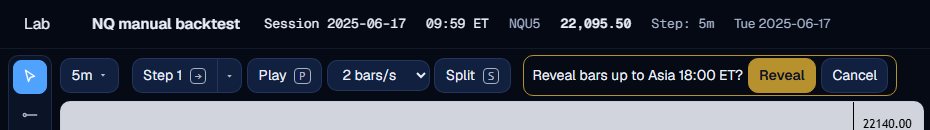 The confirm bar reading Reveal bars up to Asia 18:00 ET with Reveal and Cancel buttons.