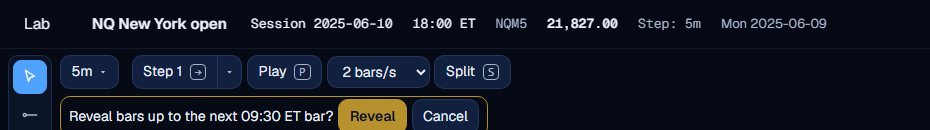 The confirm bar of the replay reading Reveal bars up to the next 09:30 ET bar, with Reveal and Cancel buttons.