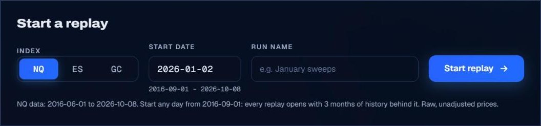 The Start a replay card of the Trade Lab: an index switch with NQ, ES and GC, a start date, a run name and a Start replay button.